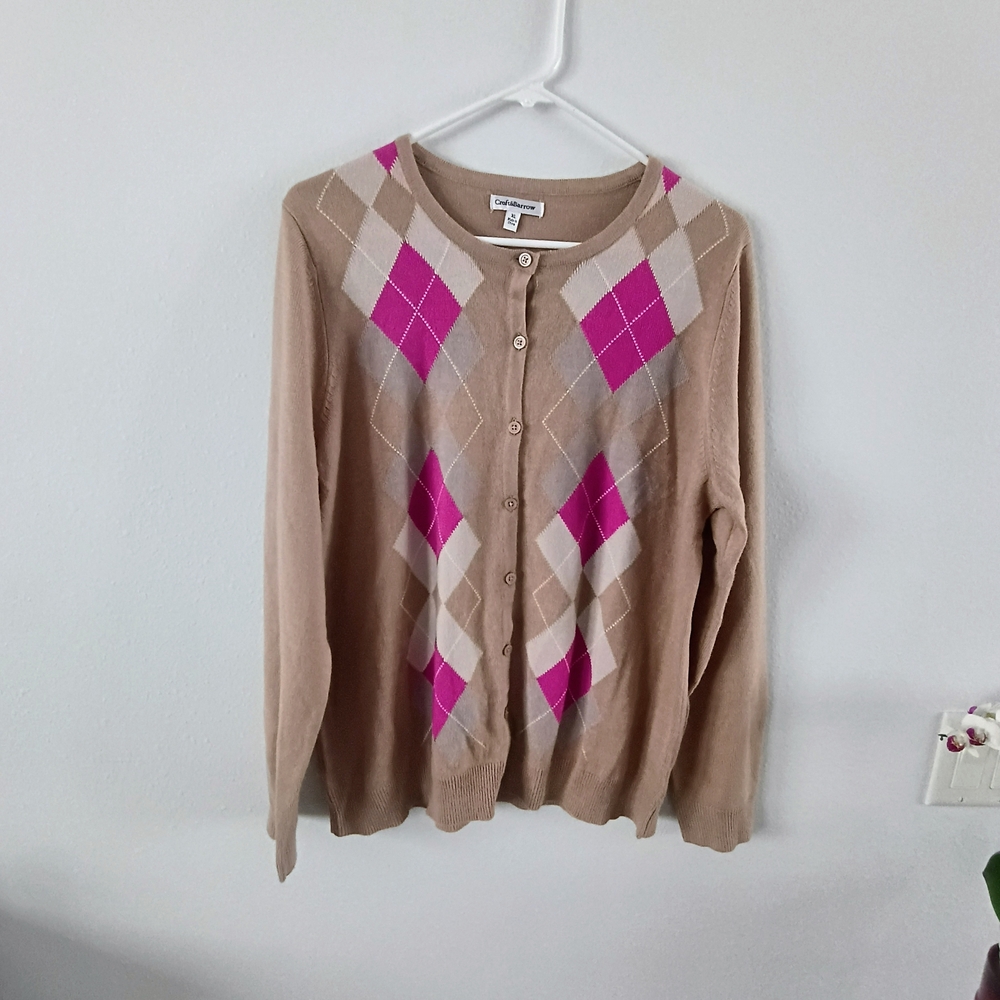 Croft & Barrow Argyle Cardigan Tan Pink Preppy Button Sweater Women XL